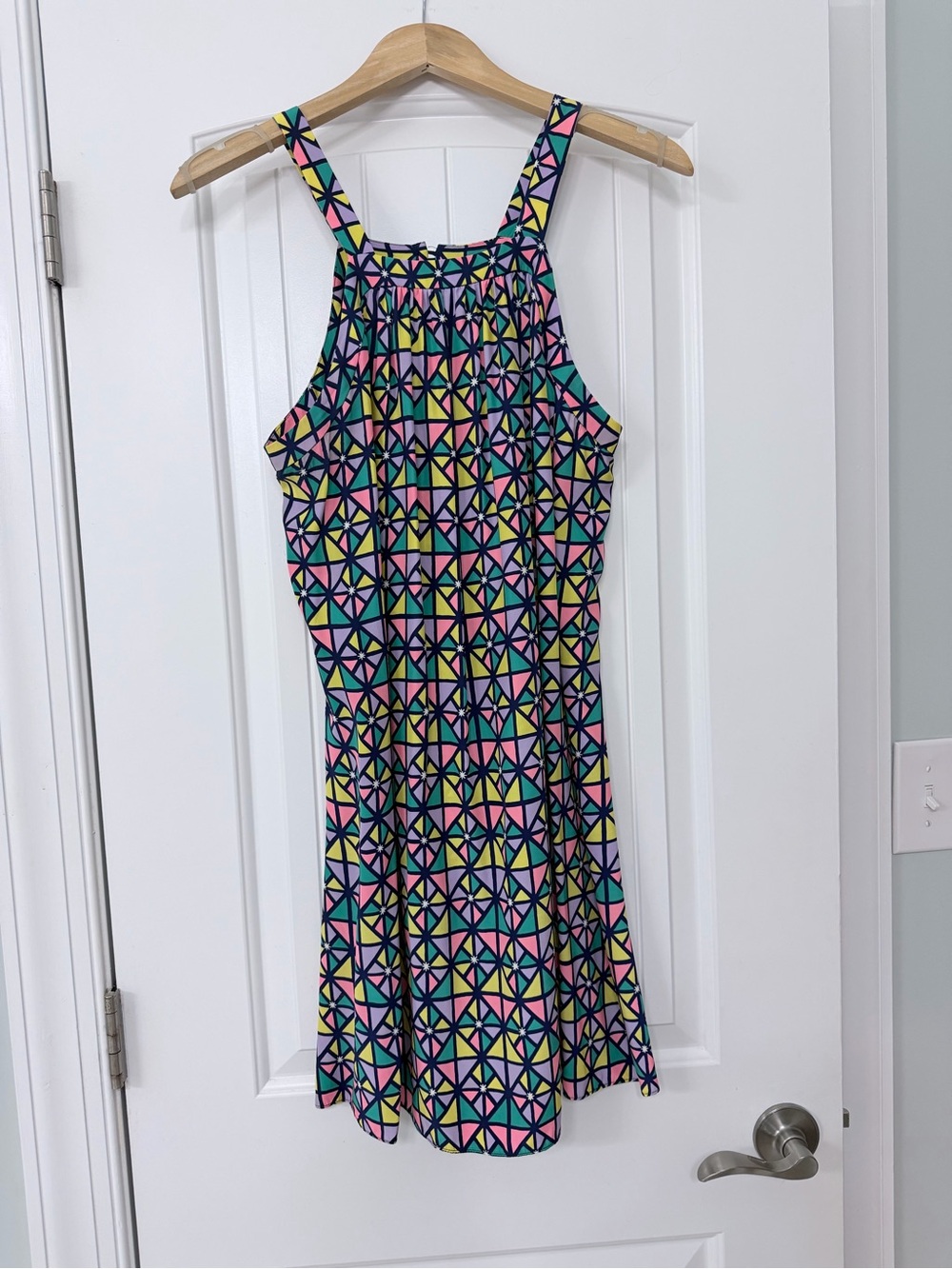 Alice & Trixie Silk Shift Dress in Pink, Blue & Yellow Geometric Print-LG